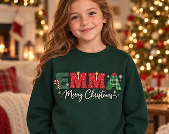 Personalized Kids Christmas Sweatshirt, Faux Patch Name