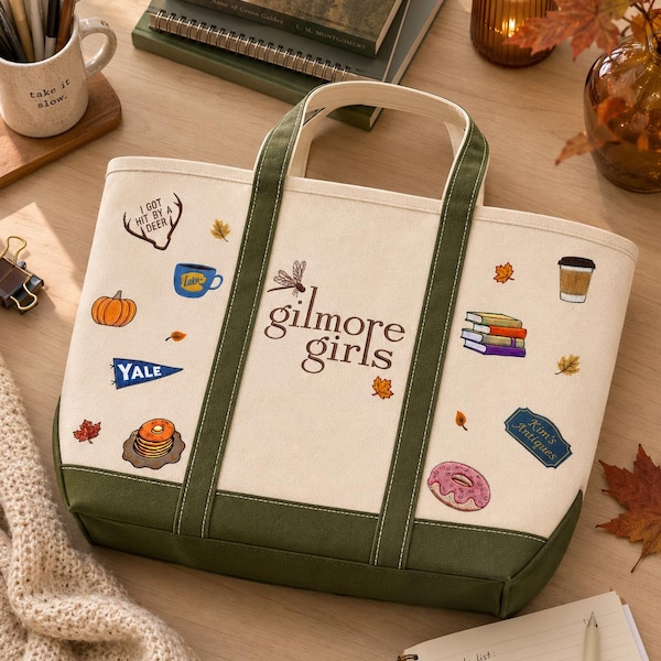 Gilmore Girls Embroidered Tote Bag,  Stars Hollow Autumn Canvas Purse,  Cozy Fall Bookish Gift,  Luke's Diner Coffee Lover Shoulder Bag
