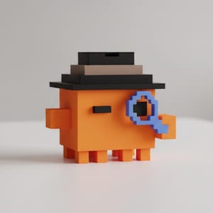 May include: A 3D-rendered orange detective character with a black hat, brown brim, and blue magnifying glass. The character has a blocky design with small orange feet and arms. The background is a plain white surface.