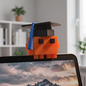 May include: An orange, black, and blue graduation cap decoration for a laptop. The cap is perched on top of a laptop screen, with a pixelated design. The background shows a blurred office setting.