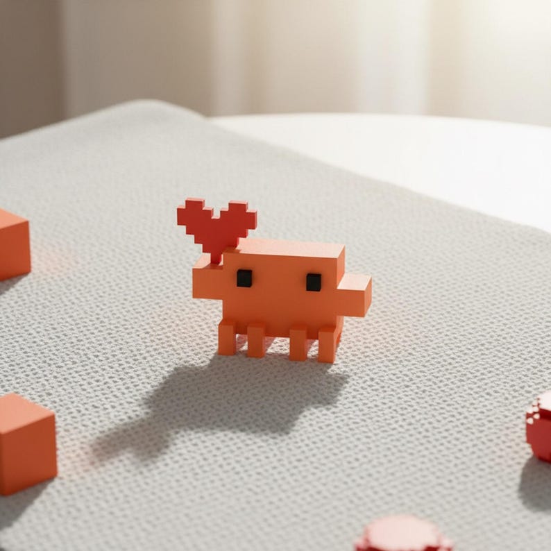Puede incluir: Una peque&ntilde;a figura de criatura naranja pixelada con una forma de coraz&oacute;n rojo unida a su cabeza. La criatura tiene un cuerpo rectangular, cuatro patas cortas y dos peque&ntilde;os ojos cuadrados negros. Est&aacute; dise&ntilde;ada en un estilo retro.