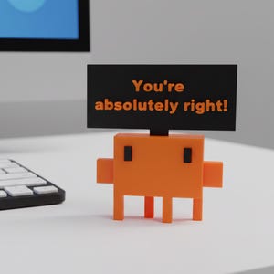 Puede incluir: Una figura de robot naranja pixelada con un letrero negro que dice "You're absolutely right!". El robot tiene pequeños ojos cuadrados negros y brazos rectangulares. El letrero es negro con texto naranja.