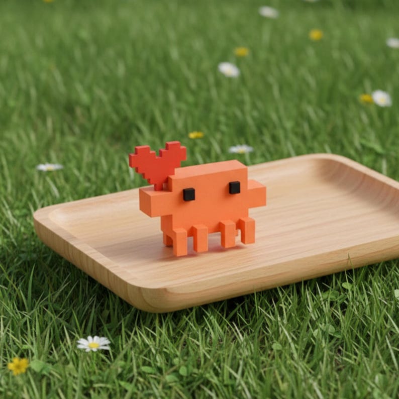 Puede incluir: Una peque&ntilde;a figura de cangrejo naranja pixelado con una pinza roja en forma de coraz&oacute;n. El cangrejo tiene un dise&ntilde;o geom&eacute;trico de bloques con dos peque&ntilde;os ojos cuadrados negros y varias patas, sobre una bandeja rectangular de madera clara.