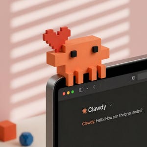 May include: An orange pixelated creature figure with two small black square eyes and a red pixelated heart attached to its side, perched on the top edge of a computer monitor displaying the text Clawdy: Hello! How can I help you today?