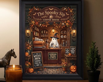 May include: A framed wall art print depicting a coffee house named The Spooky Sip, featuring a ghost wearing a witch hat behind a counter, surrounded by pumpkins, autumn foliage, and signs reading Witch's Brew, Espresso, Mochas & Spells.