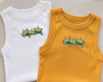 Embroidered Toy Story Alien Tank Top, Disney Pixar Little Green Men Ribbed Crop Tank, Disney Vacation Outfit, Holiday Trip, Disney Park Tank