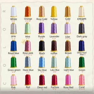 May include: A color chart featuring thirty spools of embroidery thread arranged in a grid. Each spool is labeled with its corresponding color name, including white, orange, rose gold, yellow, gold, cream, gray, mint, purple, lavender, lilac, dark gray, royal blue, rose pink, black, coffee, brown, deep royal blue, grass green, haze blue, sky blue, lake blue, light blue, green, pink, red, deep red, fuchsia, rose red, and coral.