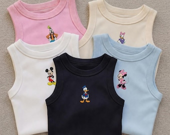 Disney Character Embroidered Tank Top, Mickey Minnie Donald Daisy Goofy Ribbed Crop Tank, Disney Trip Outfit Gift for Her, Disney Park Tank