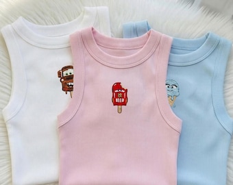 Disney McQueen Cars Embroidered Tank Top, Lightning McQueen Mater Sally Ice Cream Ribbed Crop Tank, Disney Snack Vacation Top
