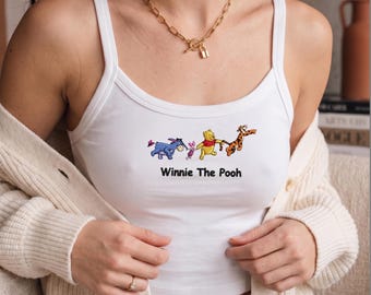 Geborduurde Winnie de Poeh-tanktop, shirt Disney-personages, bijpassende vakantie-outfit voor het gezin, leuke zomeroutfit Disney-reis