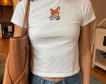 Nick en Judy geborduurd baby-T-shirt, Zootopia Disney-shirt, Fox and Bunny-shirt, vakantie-outfit Disney Park, Nick Wilde en Judy Hopps-top