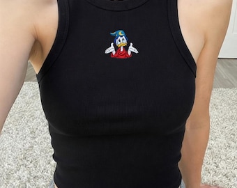 Embroidered Sorcerer Donald Duck Tank Top, Disney Fantasia Ribbed Tank, Disney Character Y2K Top, Disney Trip Vacation Outfit