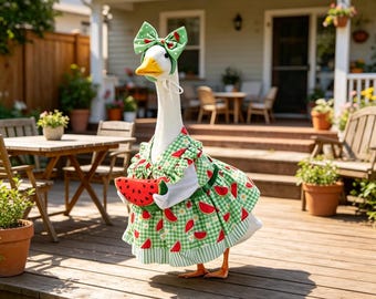 Sommerliches Wassermelonen-Gänsekostüm, passend für 23-Zoll-Statuen aus Polyester, für Terasse, Terrasse, und Gartenparty-Dekoration