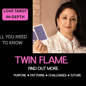 May include: A person holding blue tarot cards with gold star patterns. The image features text: LOVE TAROT IN-DEPTH, ALL YOU NEED TO KNOW, TWIN FLAME, FIND OUT MORE, PURPOSE, PATTERNS, CHALLENGES, FUTURE. The person wears a white shirt with black dots.