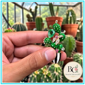 Puede incluir: Un broche con forma de cactus que presenta un acabado de esmalte verde brillante, un gran cristal verde en forma de lágrima, un pequeño detalle en forma de estrella rosa y pedrería transparente. La base es una maceta a rayas blancas y negras.