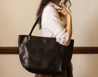 Leather tote bags for women. Tote bag with pockets for school or work. Gifts for women. Black leather shoulder purse. Leather diaper bag