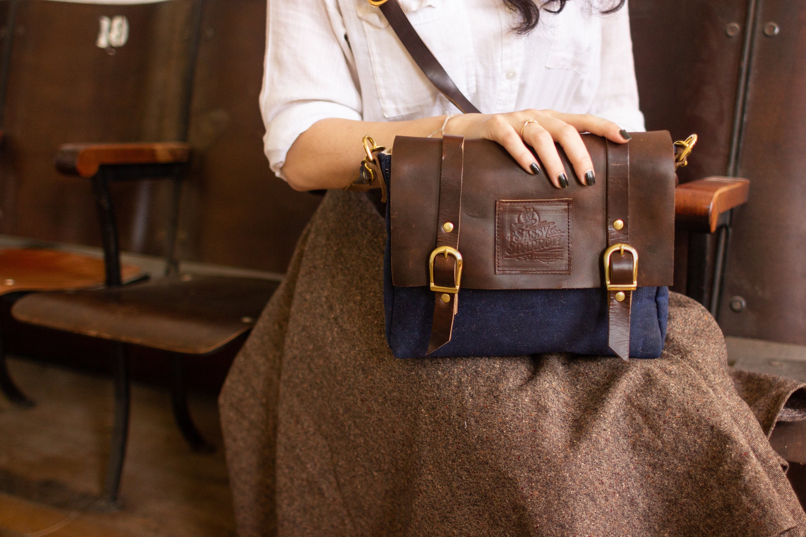 Navy canvas and leather messenger bag women. shoulder bag. Etsy