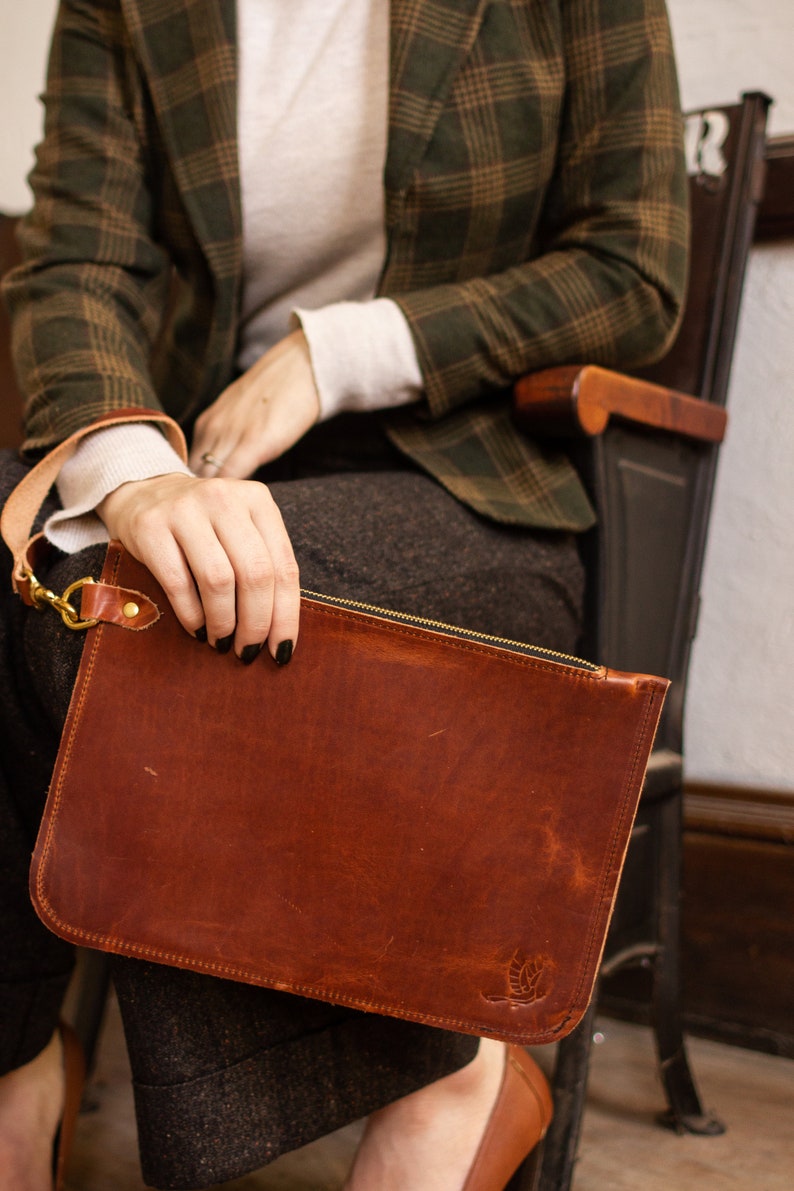 small full grain leather clutch bag. brown leather wristlet. handmade evening bag. gift for her. summer accessory. bridesmaid gift. image 1