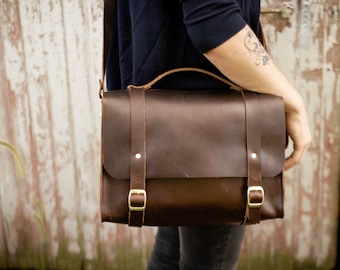 mens full grain leather briefcase brown. leather satchel women. small leather backpack women. leather laptop bag men. gift for him or her.