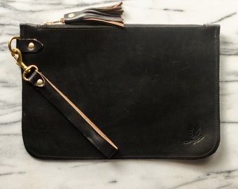small black leather clutch. full grain leather evening bag. handmade leather wristlet. gift for her. summer accessory. bridesmaid gift.
