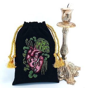 Velvet Tarot Card Pouch Handmade with Gold Drawstrings - Embroidered Anatomical heart, Monstera, botanical motifs