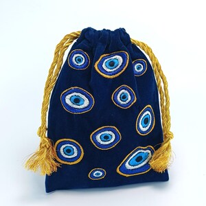 PRE-ORDER: 2–3 WEEKS!!! Velvet Tarot Card Bag, Embroidered Turkish Eye, Oracle Pouch, Gold Drawstring