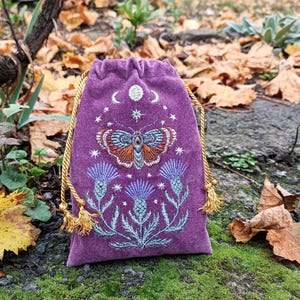 Velvet purple plum Tarot Card Pouch Handmade with Gold Drawstrings - Embroidered Thistle Moth Death's Head