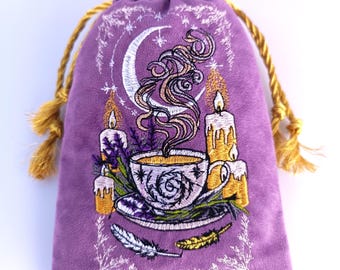 Sacchetto porta tarocchi in velluto ricamato: Tea party viola, luna, candele, coulisse dorata