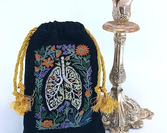 Sacchetto porta tarocchi in velluto ricamato – Polmoni anatomici, motivo botanico floreale, sacchetto con coulisse