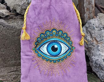Sacchetto porta carte dei tarocchi in velluto ricamato, astuccio oracolo Occhio Onniveggente, con coulisse dorata (13,5 x 18 cm)
