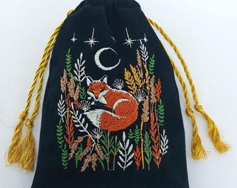 DISPONIBILE!!! Borsa per tarocchi in velluto ricamato, astuccio per carte dei tarocchi con volpe addormentata e luna, porta mazzo di carte oracolari botaniche con coulisse dorata