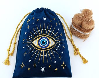 Sacchetto in velluto per carte dei tarocchi, occhio di Nazar ricamato, occhio di Fatima, astuccio oracolare, coulisse dorata
