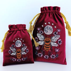 Set of 2 velvet Tarot pouches with embroidery Handmade with Gold Drawstrings -uxurious  Embroidered  Bee, Moon, with Floral Pattern