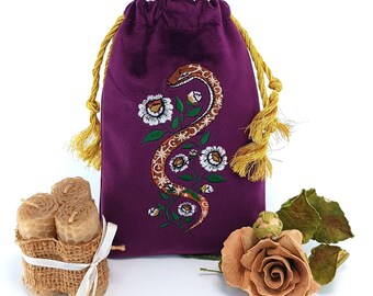 Velvet cappuccino Tarot Card Pouch Handmade with Gold Drawstrings - Embroidered Snake & Botanical Flowers Pattern