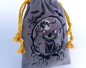 Sacchetto in velluto per carte dei tarocchi, fatto a mano con coulisse dorate - Gatto nero da strega ricamato, Luna