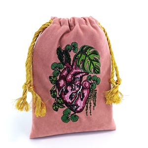 Velvet Tarot Card Pouch Handmade with Gold Drawstrings - Embroidered Anatomical heart, Monstera, botanical motifs