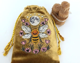 DISPONIBILE!!!! Astuccio per carte dei tarocchi in velluto dorato ricamato – Ape, Luna, Motivi floreali, Coulisse dorata