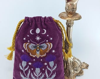 Sacchetto porta tarocchi in velluto ricamato – Falena del cardo, con coulisse dorate