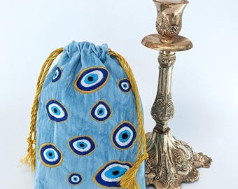 Sacchetto in velluto per carte dei tarocchi, con occhio turco ricamato, astuccio oracolare con coulisse dorata.