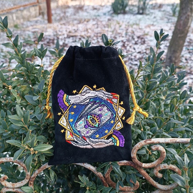Embroidered Velvet Tarot Card Pouch – Black, Gold Drawstring, Tarot ...