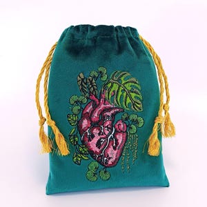 Velvet Tarot Card Pouch Handmade with Gold Drawstrings - Embroidered Anatomical heart, Monstera, botanical motifs