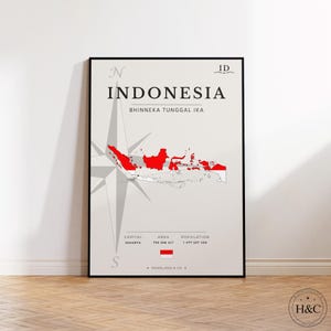 May include: A framed wall art print featuring a map of Indonesia in red and white, with a compass rose, the text INDONESIA, BHINNEKA TUNGGAL IKA, capital Jakarta, area 735,358 mi², population 1,477,527,450, and a small Indonesian flag at the bottom.