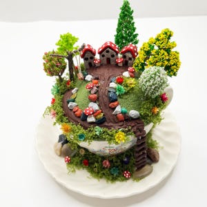 Playful Teacup Fairy Garden, Miniature Garden, Miniature houses, Mushrooms, Fairy or Gnome Hotel, Teacup Village, Swing and ladder for fun