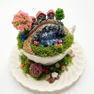 Lovely Bridge Teacup Fairy Garden, Miniature Garden, Miniature houses, Mushrooms, Fairy or Gnome Hotel, Teacup Village