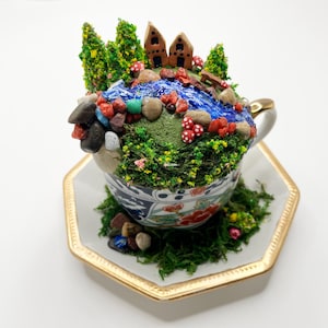 River Runs Through It Teacup Fairy Garden, Miniature Garden, Miniature houses, Mushrooms, Fairy or Gnome Hotel, Teacup Village