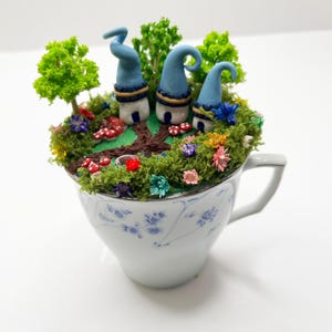Gnome Teacup Fairy Garden, Miniature Garden, Miniature houses, Mushrooms, Fairy Hotel, Gnome Hotel, Teacup Village