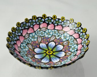 Mosaic Bowl, Mandala, Mille Fiori Bowl, Pink & Blue Cane designs in Polymer Clay, OOAK, Jewelry bowl, candy bowl, decorative bowl