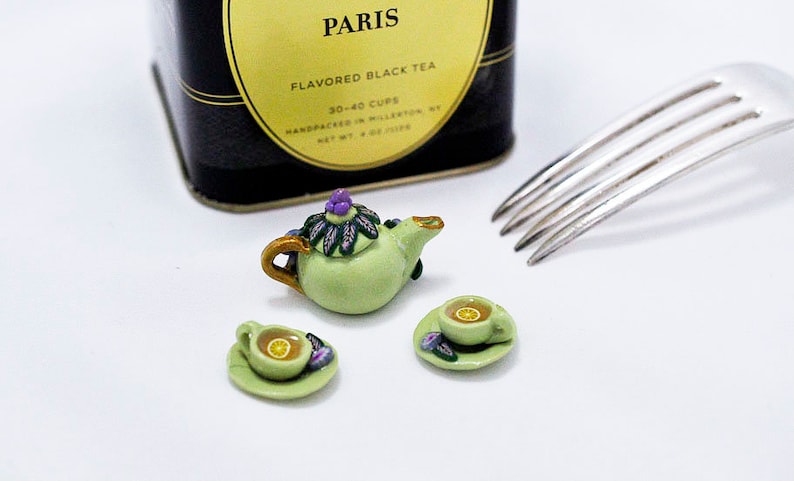 two cups and saucers Green Floral Miniature Teapot Collector item 112 Scale polymer clay Doll house tea set Miniature Tea Set