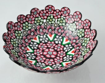 Mosaic Bowl, Mandala, Mille Fiori Bowl, Red & Green Arrow Cane designs in Polymer Clay, OOAK, Jewelry bowl, candy bowl, decorative bowl