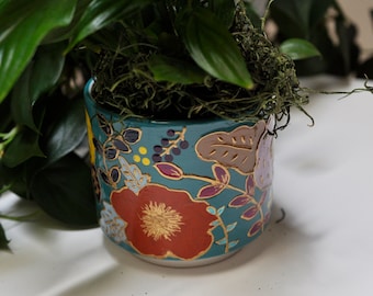 Hand-Painted Teal 3 Planter, Floral design, Gold accents, Geometric design, Blue flowers, Yellow flowers, for Plants, for succulents